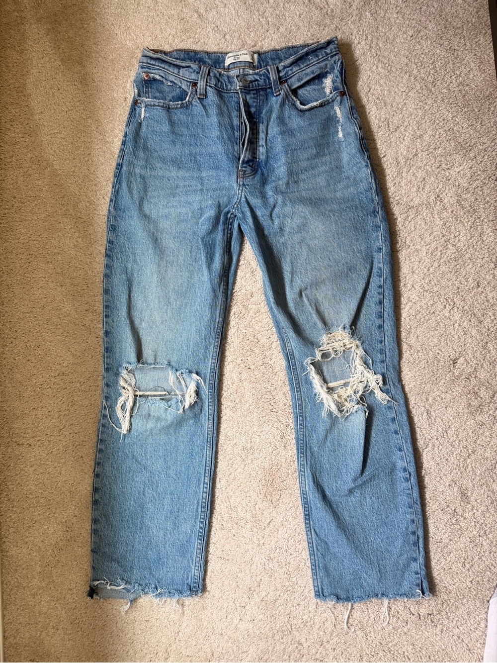 abercrombie the dad high rise medium wash ripped jeans with raw hem